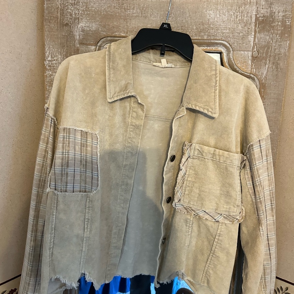 Neutral Corduroy Patchwork Shacket with Plaid Accents